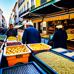 **

"A bustling marketplace in Lisbon, Portugal. Merchants are actively trading goods, with modern payment terminals visible alongside traditional scales. Focus on the energy of global commerce and financial transactions.  Morning light, high-resolution photography, vibrant colors."

**