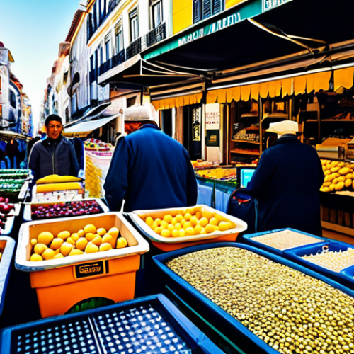 Home 11 **
"A bustling marketplace in Lisbon, Portugal. Merchants are actively trading goods, with modern payment terminals visible alongside traditional scales. Focus on the energy of global commerce and financial transactions. Morning light, high-resolution photography, vibrant colors."
**
