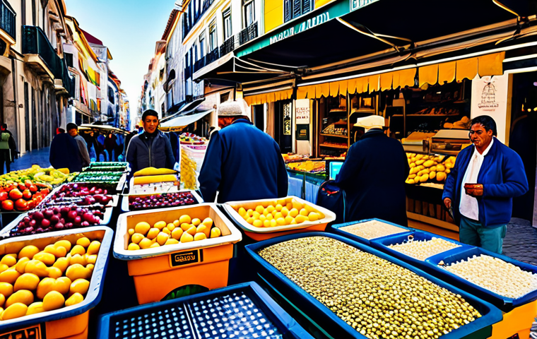 **

"A bustling marketplace in Lisbon, Portugal. Merchants are actively trading goods, with modern payment terminals visible alongside traditional scales. Focus on the energy of global commerce and financial transactions.  Morning light, high-resolution photography, vibrant colors."

**