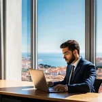 무역 전문가 연봉 협상 팁 - **Market Value Analyst in Lisbon:**
    A professional individual, smartly dressed in business attir...