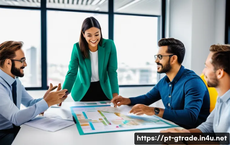 무역 전문가가 알려주는 창업 노하우 - A detailed and vibrant office scene of a Brazilian entrepreneur team conducting an in-depth global m...